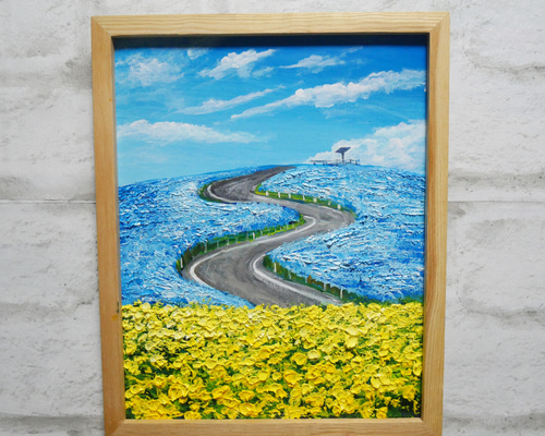 油絵 油彩 油彩画 絵 絵画 【ネモフィラと菜の花の道】 bac8d5e0e9156ecff0377c921bdca4