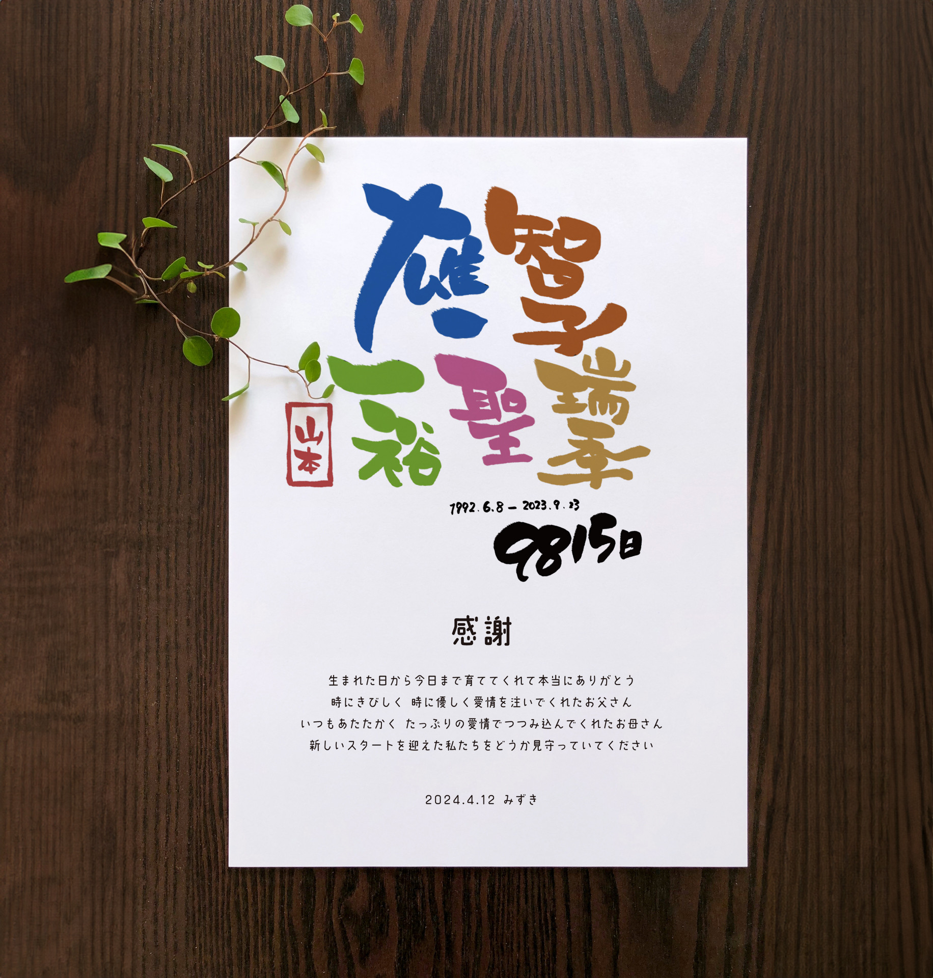 【カスタム可】家族の名前入り★子育て感謝状　両親贈呈品　A4パネル・ポスター
