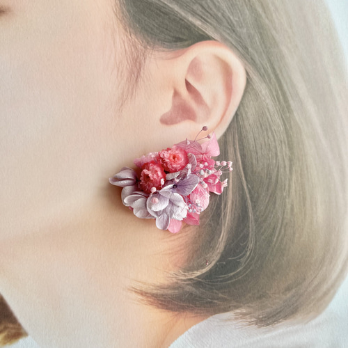 キャンディーピンク×パープル×あじさい(S)】 ドライフラワー ピアス