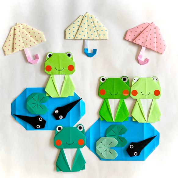 折り紙 傘とカエルとおたまじゃくし 壁面飾り その他素材 miko origami