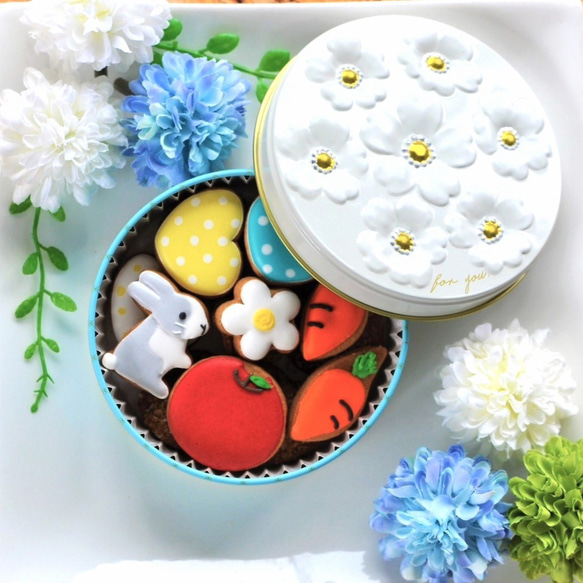 ★カラフルで可愛い(ウサギver)★アイシングクッキー＆ザクザククッキー缶 1枚目の画像