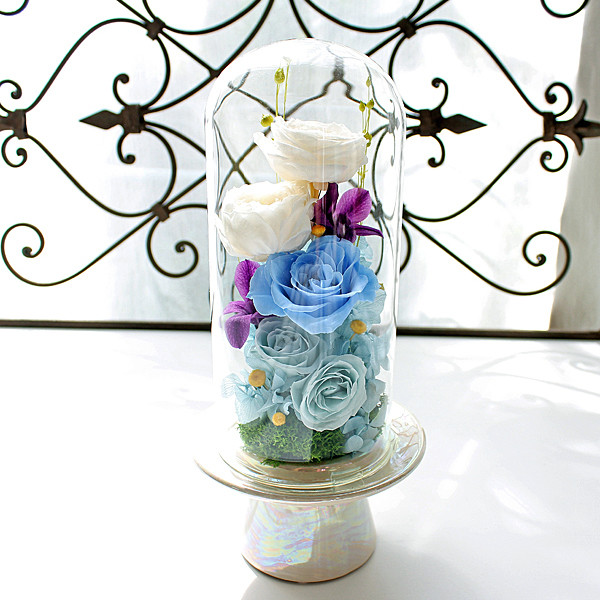 送料無料♪ガラスドーム入りプリザーブドフラワーの仏花 雅(みやび)(ブルー)お供え お悔み 一周忌 お彼岸 喪中見舞い