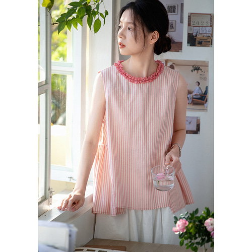 コットンストライプレースノースリーブシャツ レース襟Tシャツ 100%コットンストライプノースリーブTシャツ 2