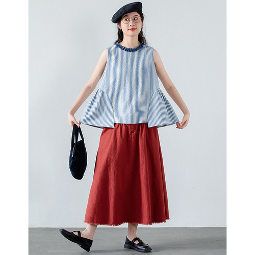 レース襟Tシャツ 100%コットンストライプノースリーブTシャツ 2