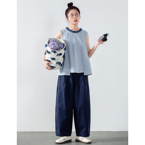 コットンストライプレースノースリーブシャツ レース襟Tシャツ 100%コットンストライプノースリーブTシャツ 2