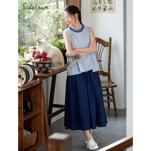 レース襟Tシャツ 100%コットンストライプノースリーブTシャツ 2