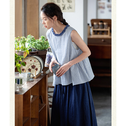 レース襟Tシャツ 100%コットンストライプノースリーブTシャツ 2