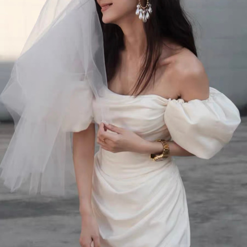 オフショルダー　ボリューム袖　パフスリーブ　Aライン　二次会　前撮り オフショルダー ボリューム袖 パフスリーブ Aライン 二次会 前