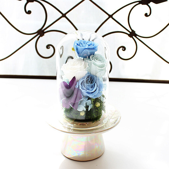 凛(りん)]ガラスドーム入りプリザーブドフラワーの仏花（ブルー）命日  