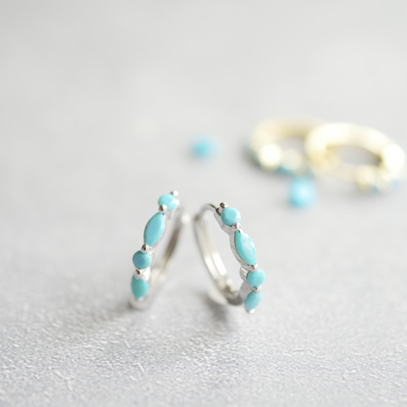 ターコイズのワンタッチフープピアス/イヤリング　シルバー 1枚目の画像