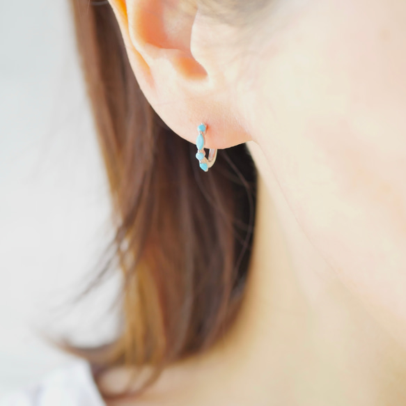 ターコイズのワンタッチフープピアス/イヤリング　シルバー 3枚目の画像