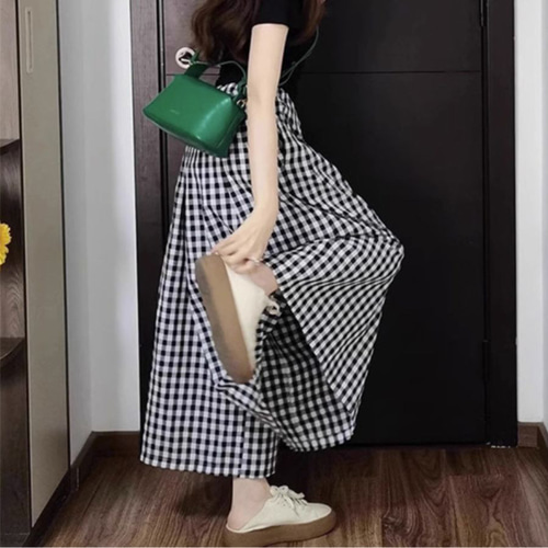 ワイドパンツ 夏 白黒 チェック柄 レディース 長ズボン ガウチョ
