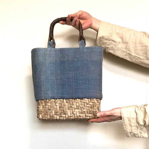 柿渋染め古布酒袋型染め刺し子山葡萄芯持ち手手提げリメイク 柿渋染め