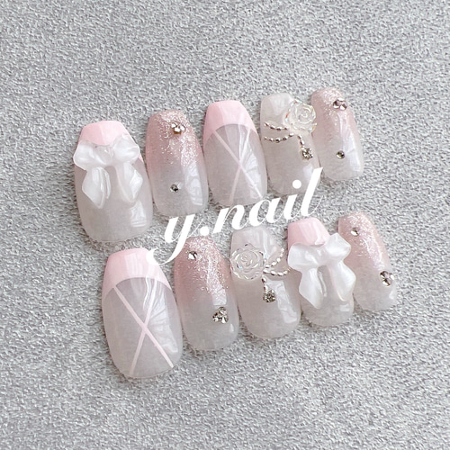 ネイルチップ/バレエネイル/バレエコアネイル/バレリーナネイル/リボン