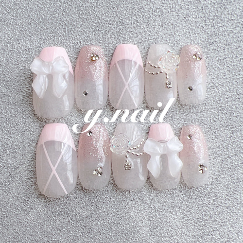 ネイルチップ/バレエネイル/バレエコアネイル/バレリーナネイル/リボン