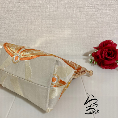kimono】帯リメイク 丸に七宝 変わりがま口バッグ ハンドバッグ
