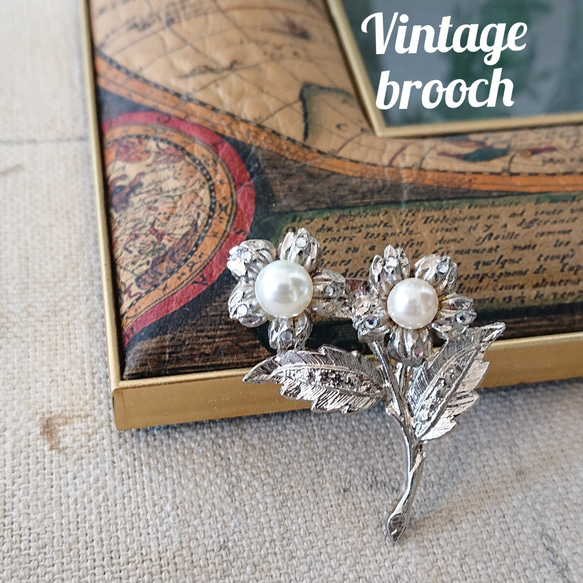 パール×シルバーフラワー ヴィンテージ ブローチ No.1602 ブローチ