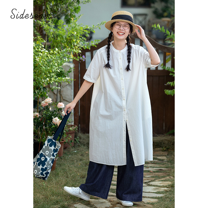 ロングシャツ　シャツ式ワンピース　100％コットンロングシャツ　ホワイト　S-Mサイズ　S272WH