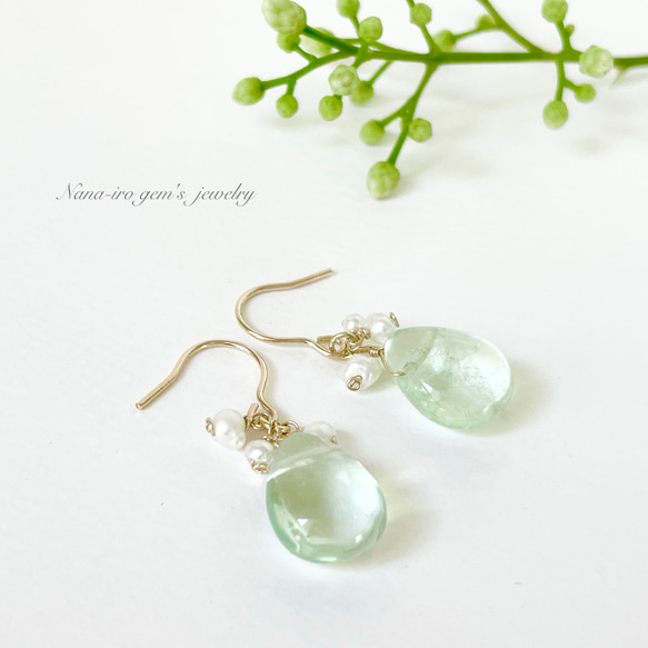 14kgf green fluorite × pearl pierce ピアス（フック・チェーン