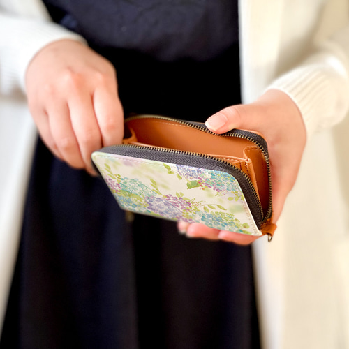 ミニ財布バラ、羽根、バスケット３点 ミニ財布・コンパクト財布】紫陽花【花柄】【パスケース・コイン