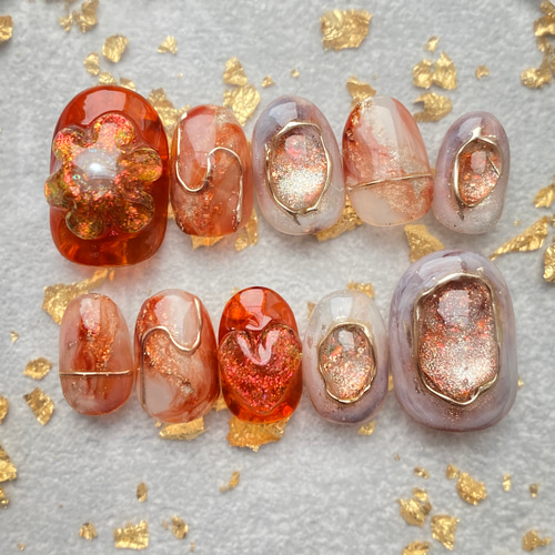 サイズオーダー】うるうるキラキラなオレンジニュアンスネイルチップ  