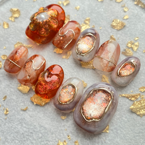 サイズオーダー】うるうるキラキラなオレンジニュアンスネイルチップ  