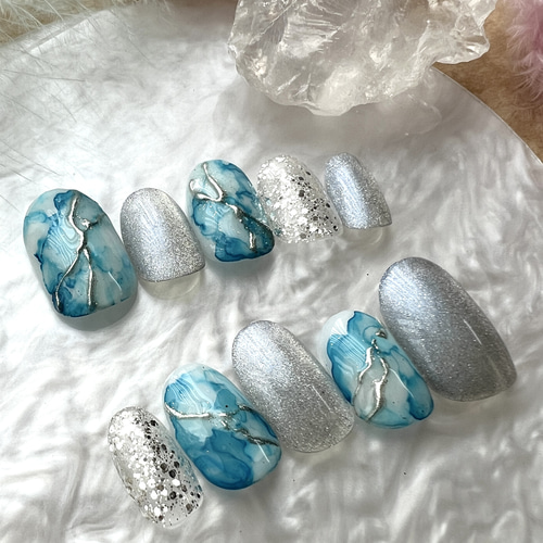 ジュネル　青い花柄ネイルチップ10個セット ブルー 花柄 ネイルチップ 10個セット ミラー 水色 - メルカリ
