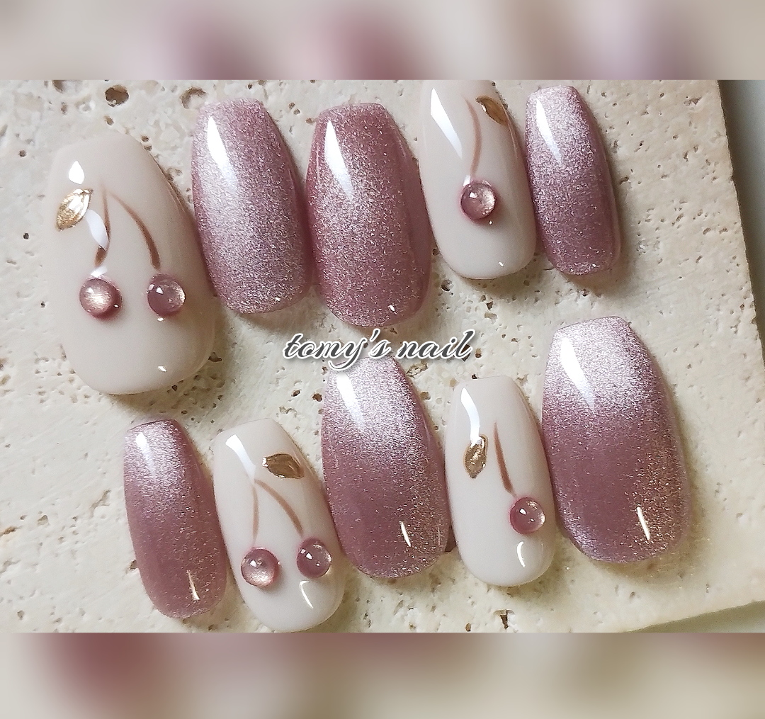 ネイルチップ さくらんぼ/マグネット/ぷっくり/ピンク/ガーリー ネイル