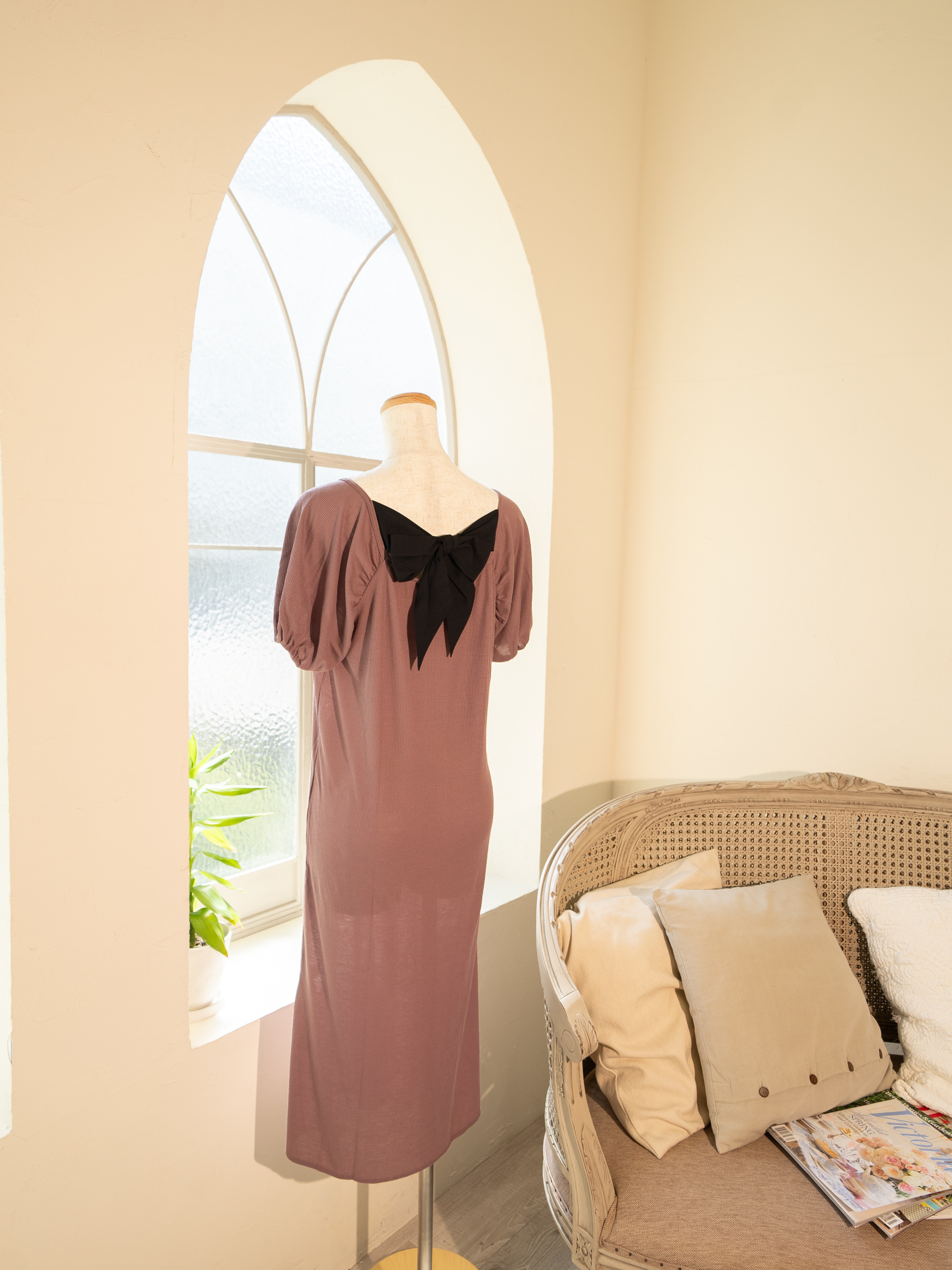 Power Inner Glow バックリボン パフスリーブ ワンピース