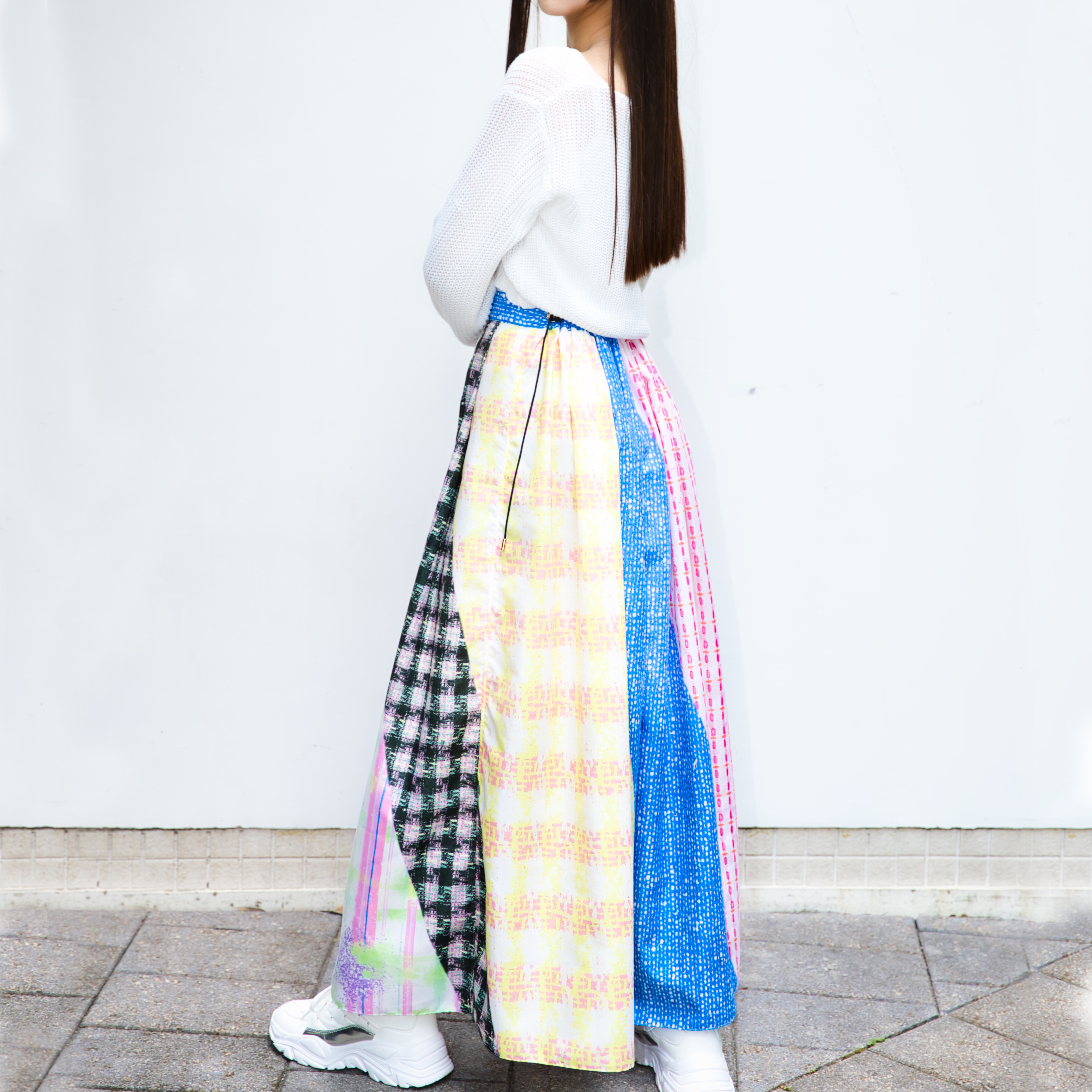 フリーサイズ　2wayワイドフレアパンツ-ピンクとチェック柄