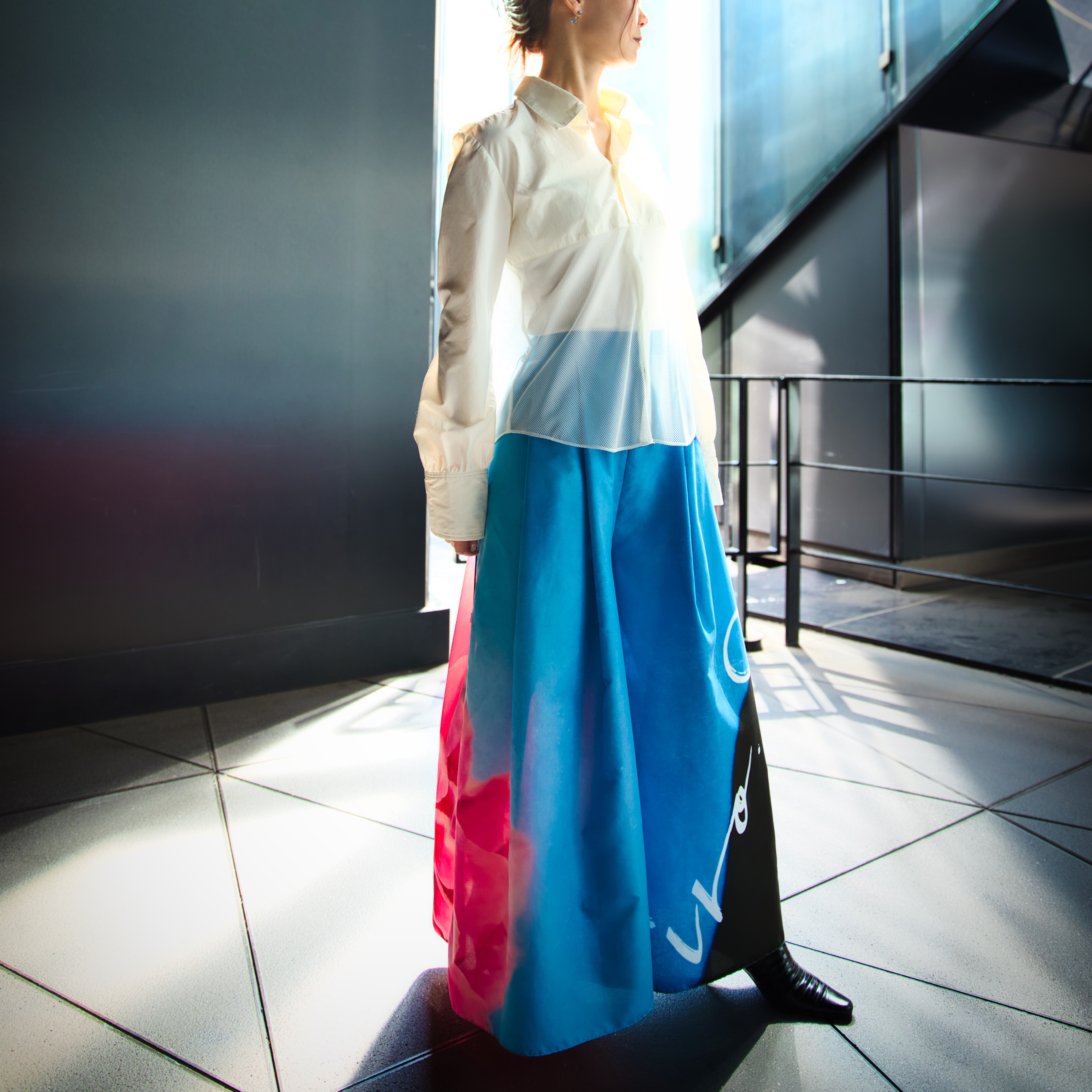 フリーサイズ　2wayワイドフレアパンツ-水色とダリア