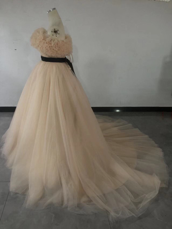 カラードレスシャンパン色 ソフトチュール ロングトレーン 取り外しオフショルダー 結婚式/披露宴 二次会 ソフトチュール 取り外しオフショルダー 結婚式/披露宴 二次会 ロングトレーン カラードレスシャンパン色 R2241614005(17151円)