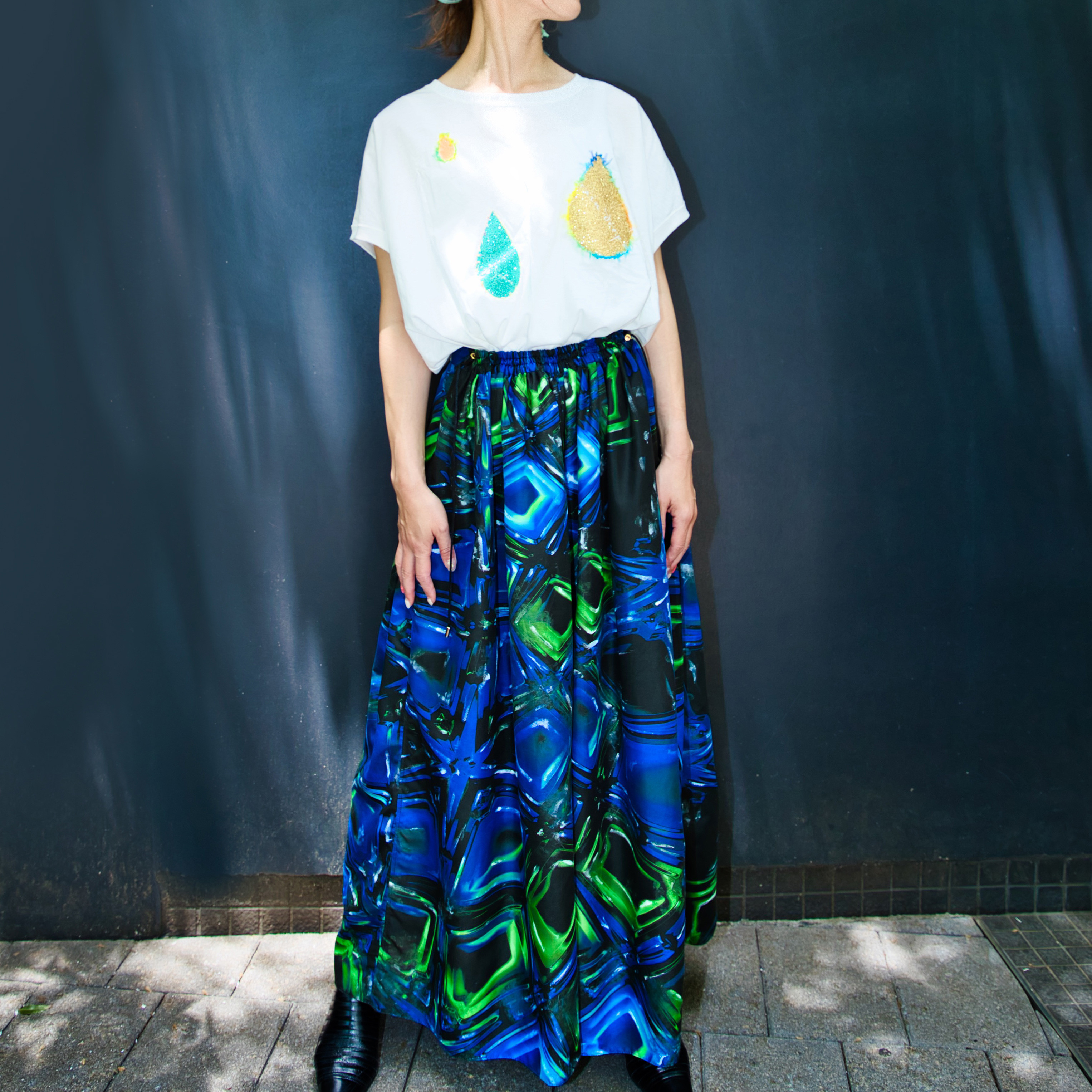 フリーサイズ　2wayワイドフレアパンツ-青い万華鏡