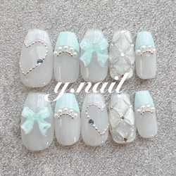 ネイルチップ/リボン/キルティング/フレンチ/水色/ガーリーネイル/韓国