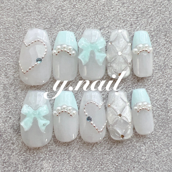 ネイルチップ/リボン/キルティング/フレンチ/水色/ガーリーネイル/韓国