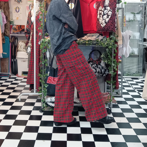 タータンチェック カーゴワイドパンツ:レッド キュロット タータンチェック カーゴワイドパンツ:レッド キュロット