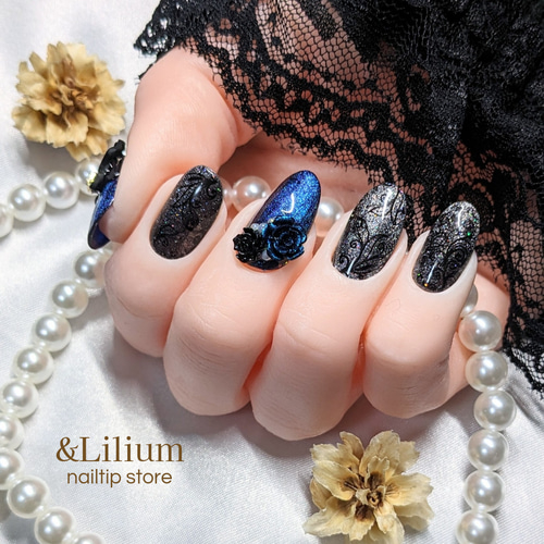 オーダー】ネイルチップ フレンチ ブルー マグネット リボン オーダー