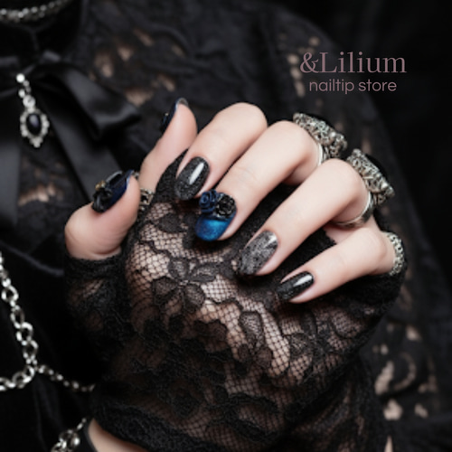 当店No.1人気】【青】リボンと薔薇の黒のレースネイル/リボンネイル