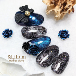 当店No.1人気】【青】リボンと薔薇の黒のレースネイル/リボンネイル