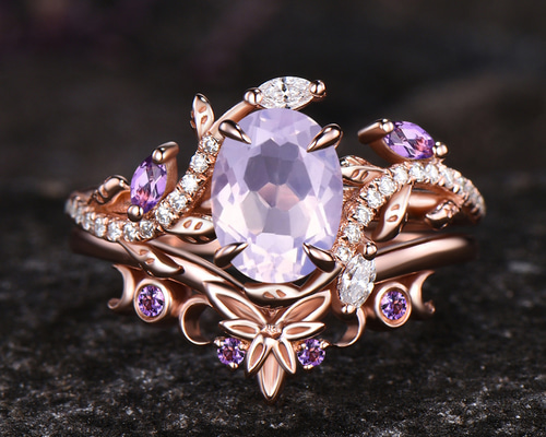 ユニークなムーンリング リーフリング 2 月の誕生石 天然ラベンダー