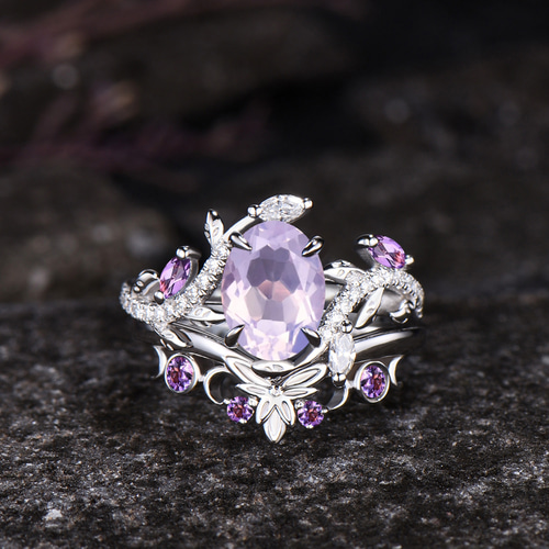 ユニークなムーンリング リーフリング 2 月の誕生石 天然ラベンダー