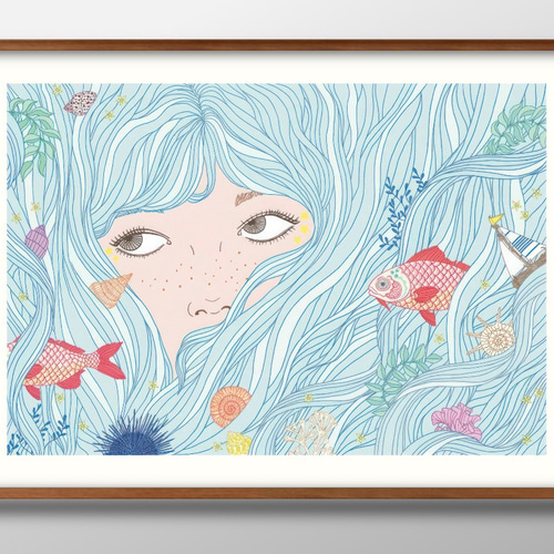 OTTA 手書きイラスト　ポスター　絵　アート 14651□ポスター アート 絵画『夢の中で』北欧 A3 イラスト デザイン