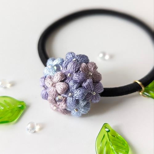 あじさいヘアゴム パープル 紫陽花 刺繍お花 刺繍 ヘアゴム 人気