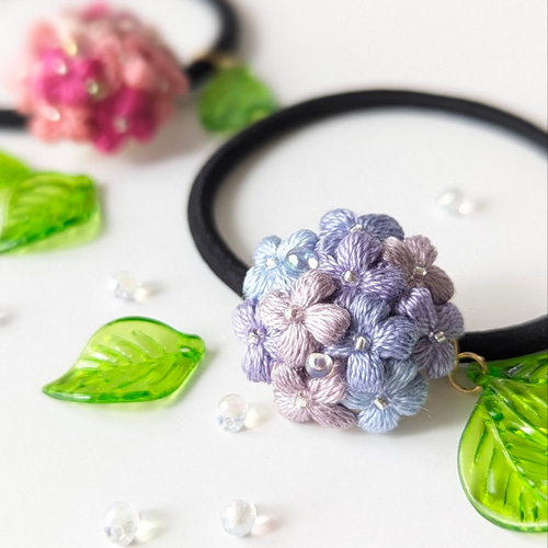 あじさいヘアゴム パープル 紫陽花 刺繍お花 刺繍 ヘアゴム 人気
