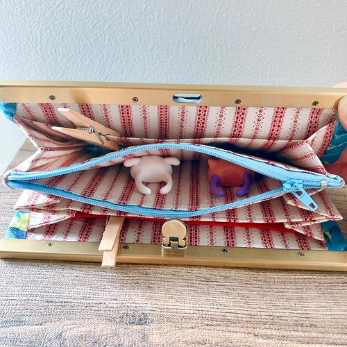 がま口長財布 青い薔薇柄デニム ハンドメイド がま口 文鎮 口金