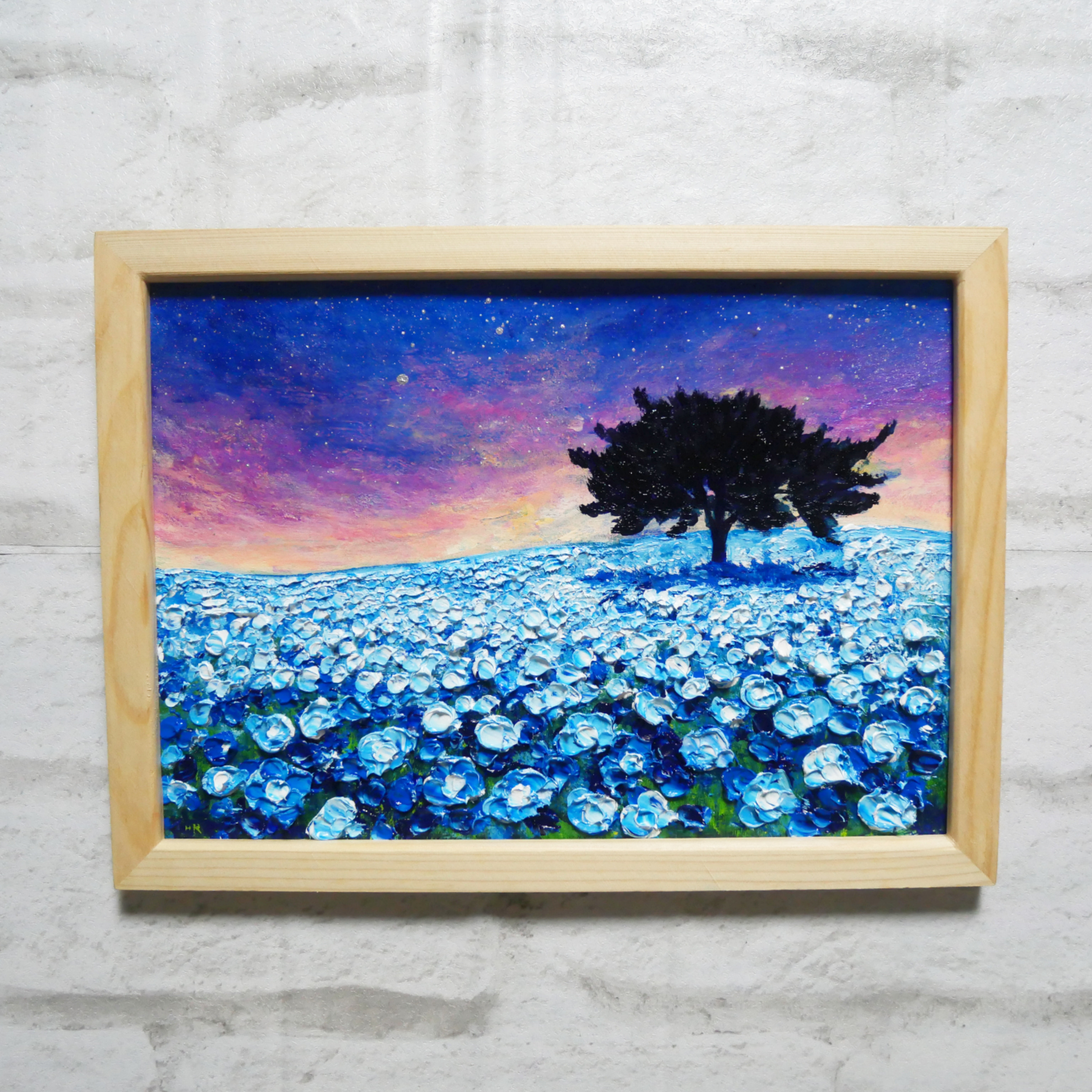 油絵 油彩 油彩画 絵 絵画【夜空のネモフィラの丘】 絵画 HR