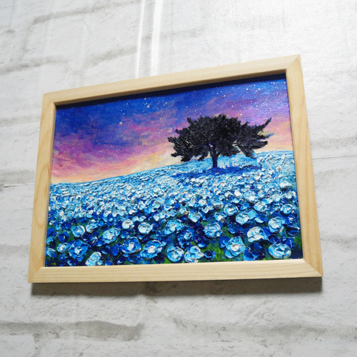 油絵 油彩 油彩画 絵 絵画【夜空のネモフィラの丘】 絵画 HR 通販