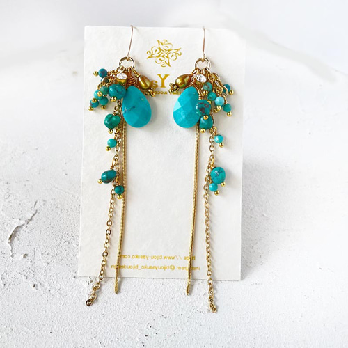 Vincent Filacターコイズ風ブルーロングネックレス　イヤリング　リング Vincent Filacターコイズ風ブルーロングネックレス イヤリング リング