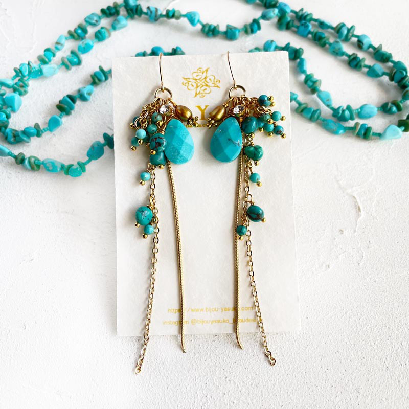 ブルー ターコイズ ロング チェーン ピアス・イヤリング 大ぶり ゴールド 14KGF 天然 ターコイズ イヤリング