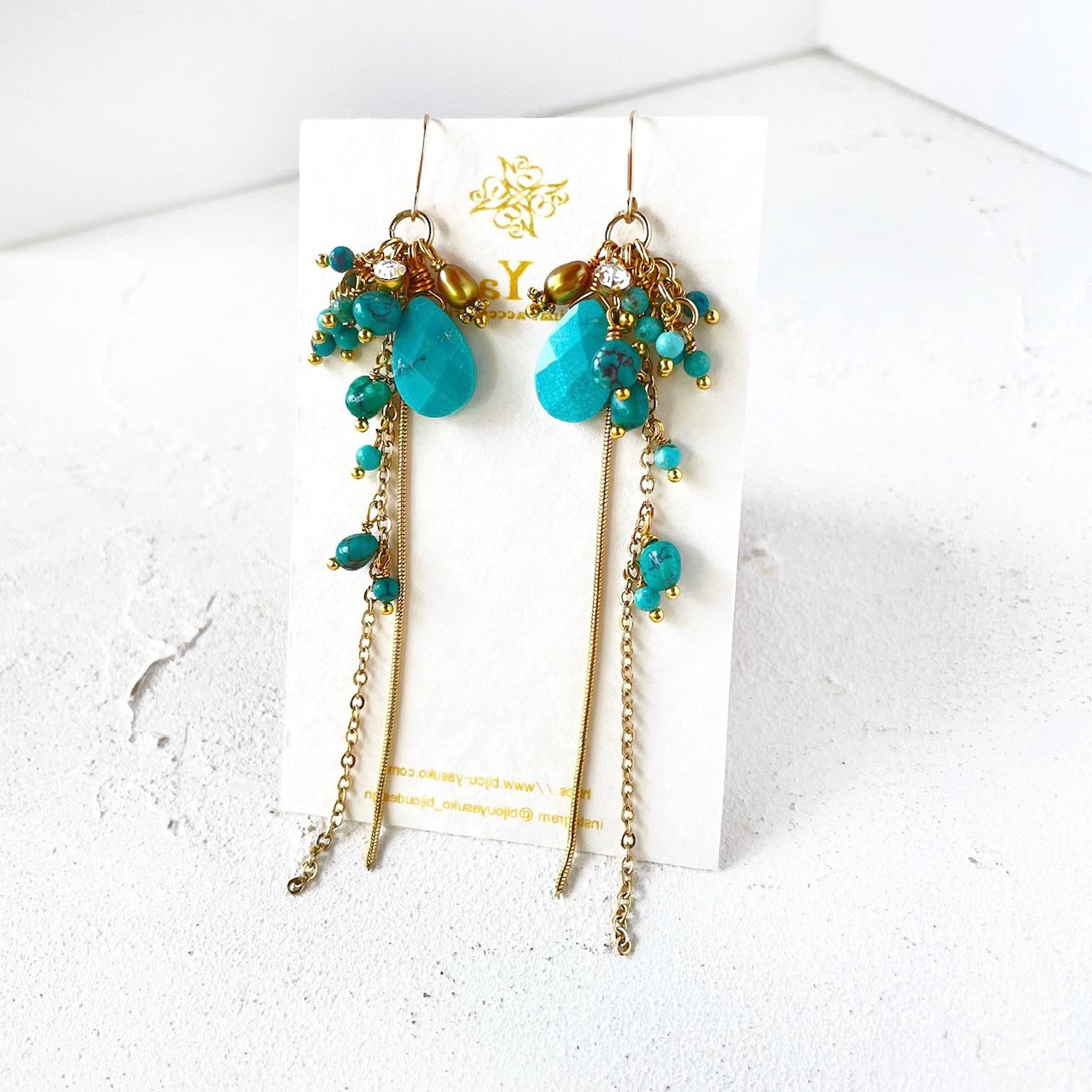 ブルー ターコイズ ロング チェーン ピアス・イヤリング 大ぶり ゴールド 14KGF 天然 ターコイズ イヤリング